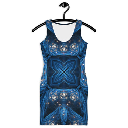 Close front view of the Inner Sanctum bodycon dress highlighting the fractal stained-glass artwork.