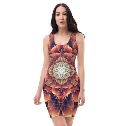 Close front view of the Mandala Bloom bodycon dress highlighting the fractal flower mandala artwork.