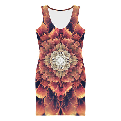 Second front view of the Mandala Bloom bodycon dress showing the fitted silhouette and flower mandala print.