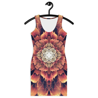 Front view of a model wearing the Mandala Bloom bodycon dress with its fractal flower mandala print.