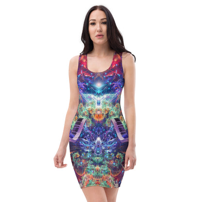 Front view of the Magnus Opum bodycon fitted dress with an all-over print cosmic composer design.