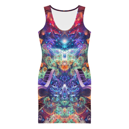 Front view of the Magnus Opum bodycon fitted dress with an all-over print cosmic composer design.