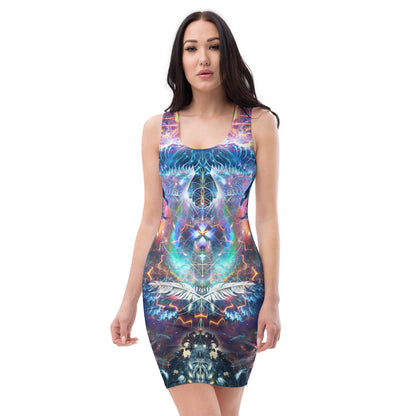 Front view of the Soul Seeker bodycon fitted dress with an all-over print raven design.