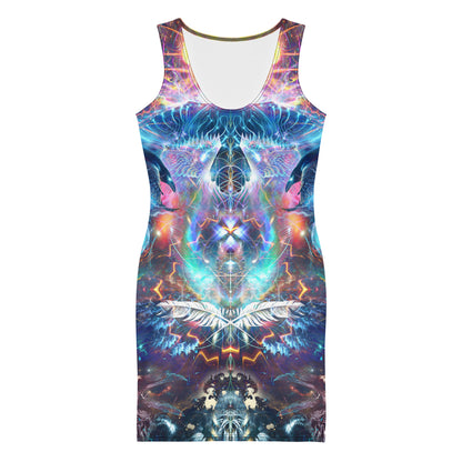Front view of the Soul Seeker bodycon fitted dress with an all-over print raven design.