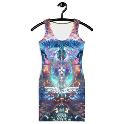 Front view of the Soul Seeker bodycon fitted dress with an all-over print raven design.