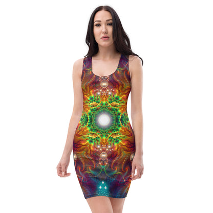 Second front view of the Photonic bodycon dress showing the fitted silhouette and fractal mandala print.