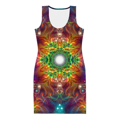 Close front view of the Photonic bodycon dress highlighting the fractal mandala artwork.