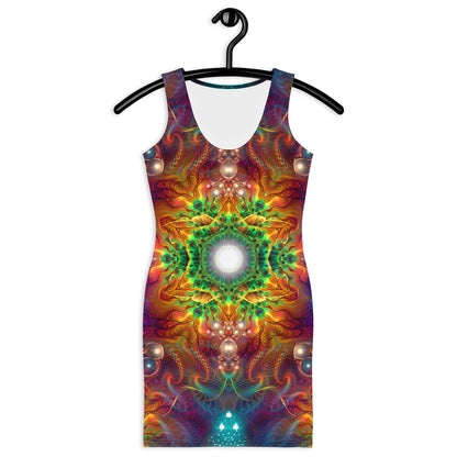 Front view of a model wearing the Photonic bodycon dress with its fractal mandala print.