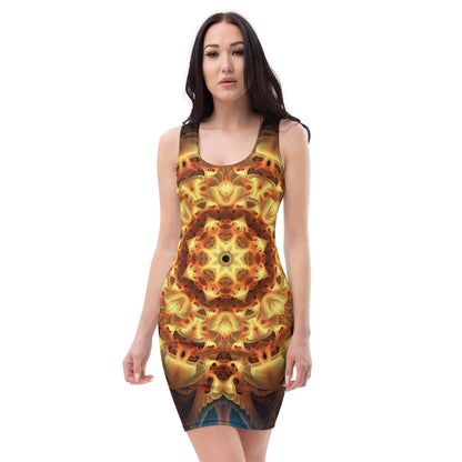 Front view of the Totem Sun bodycon fitted dress with an all-over print fractal mandala design.
