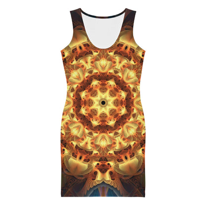 Front view of the Totem Sun bodycon fitted dress with an all-over print fractal mandala design.