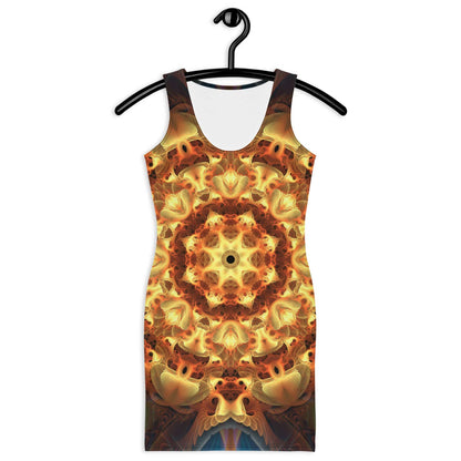 Front view of the Totem Sun bodycon fitted dress with an all-over print fractal mandala design.