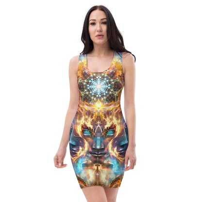 Front view of a model wearing The Wanderers bodycon dress with its many-faced god visionary art print.