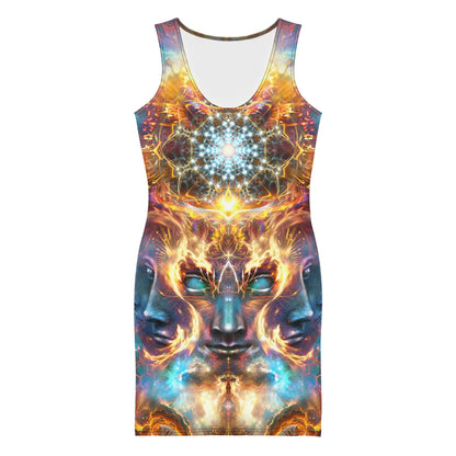 Second front view of The Wanderers bodycon dress showing the fitted silhouette and many-faced god print.