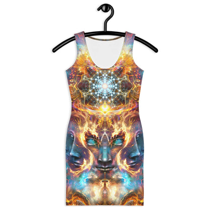 Close front view of The Wanderers bodycon dress highlighting the many-faced god artwork.