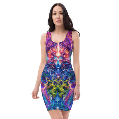 Front view of the Sacred Vine bodycon fitted dress with an all-over print ayahuasca inspired design.