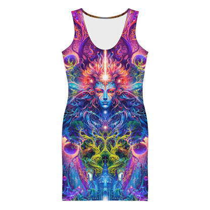 Front view of the Sacred Vine bodycon fitted dress with an all-over print ayahuasca inspired design.