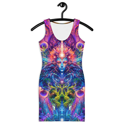 Front view of the Sacred Vine bodycon fitted dress with an all-over print ayahuasca inspired design.