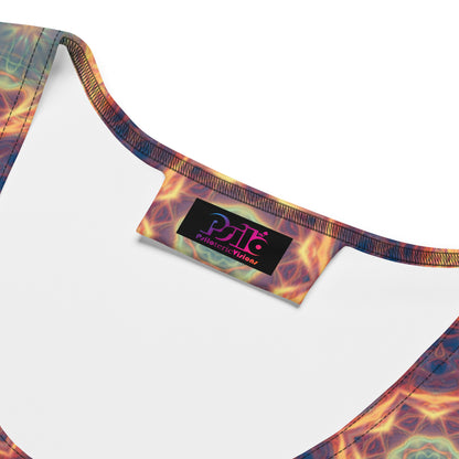 Close-up detail of the Aquatic Rays fractal ray print fabric on a white bodycon dress.