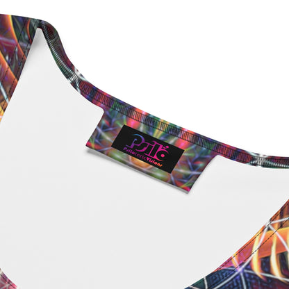 Close-up detail of the Stimulous psychedelic fractal burst print fabric on a white bodycon dress.