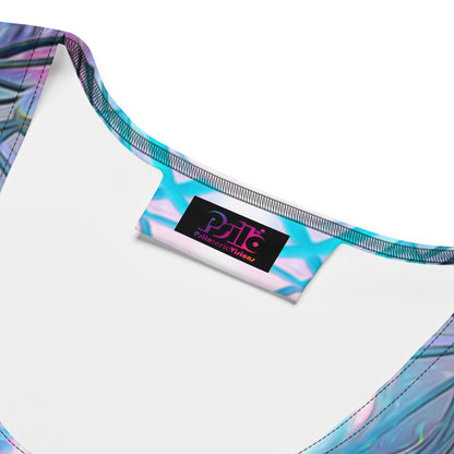 Close-up detail of the Hunter's Moon psychedelic trippy print fabric on a white bodycon dress.