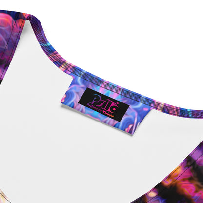 Close-up detail of the Hunter's Moon tiger spirit animal print fabric on a white bodycon dress.