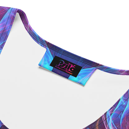 Close-up detail of the Angelic Force fractal portal print fabric on a white bodycon dress.