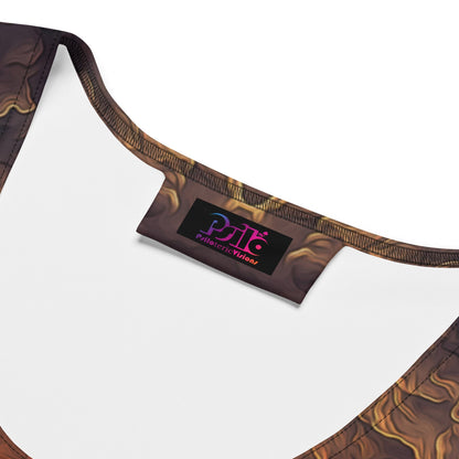 Close-up of the sun portal print fabric on the "Adieu" bodycon dress.