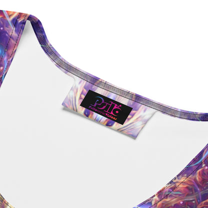 Close-up of the fantasy owl print fabric on the "Peekaboo" bodycon dress.