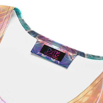 Close-up of the Medicina bodycon dress fabric showing the printed ayahuasca vine design and stitching.
