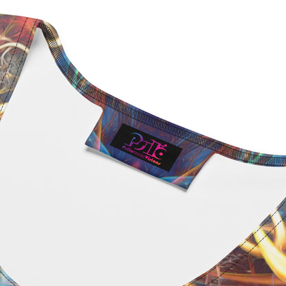 Close-up of the Genesis bodycon dress fabric showing the printed Sekhmet lioness design and stitching.