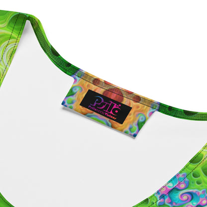 Close-up of the neon mandala print fabric on the "Starburst" bodycon dress.