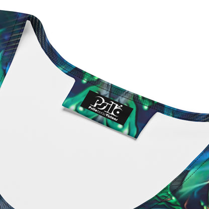 Close-up of the Awakened bodycon dress fabric showing the printed jungle fractal mandala design and stitching.