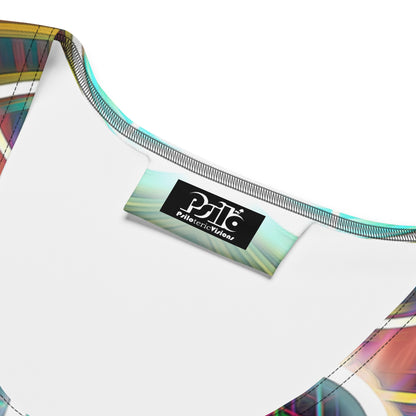 Close-up of the Divine Protection bodycon dress fabric showing the printed hamsa design and stitching.
