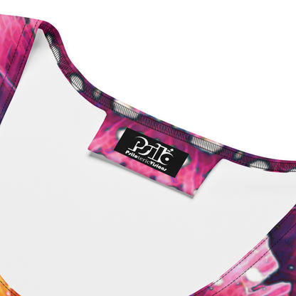 Close-up of the Endless Mallow bodycon dress fabric showing the printed flower mandala design and stitching.