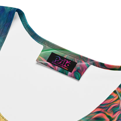 Close-up detail of the all-over print fabric on the Free Your Mind bodycon fitted dress.
