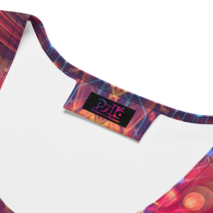Close-up detail of the all-over print fabric on the Magnus Opum bodycon fitted dress.
