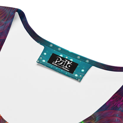 Close-up of the Photonic bodycon dress fabric showing the printed fractal mandala design and stitching.