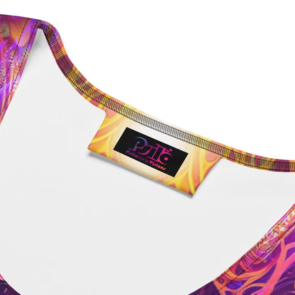 Close-up detail of the all-over print fabric on the Sacred Vine bodycon fitted dress.