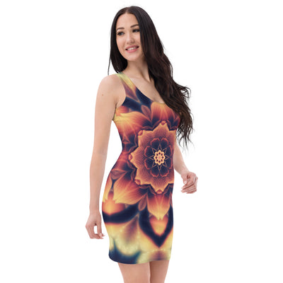 Right side view of a white bodycon dress with the Mandala Bloom fractal flower mandala print.