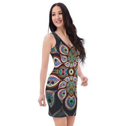 Right side view of a white bodycon dress with the The Waiting Room fractal DMT eyes print.