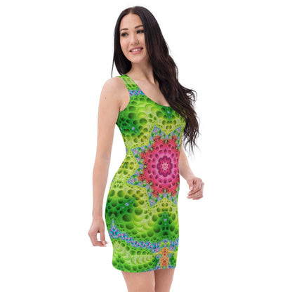 Right-side front view of the "Starburst" bodycon dress neon mandala print.