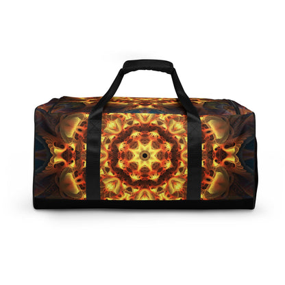 Back view of the white Totem Sun duffle bag showing the fractal mandala print wrapping around the fabric.