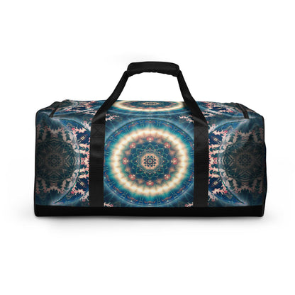 Back view of the Triple Goddess duffle bag showing the moon phase print wrapping fully around the bag.