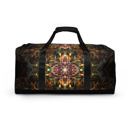 Back view of the Sigil of Valor duffle bag showing the occult sigil print wrapping around the fabric panel.