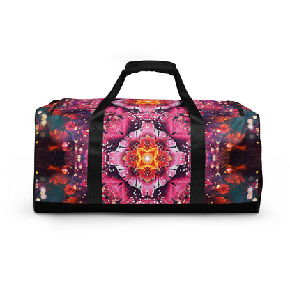 Back view of the Endless Mallow duffle bag showing the mallow-flower print continuing across the rear panel.