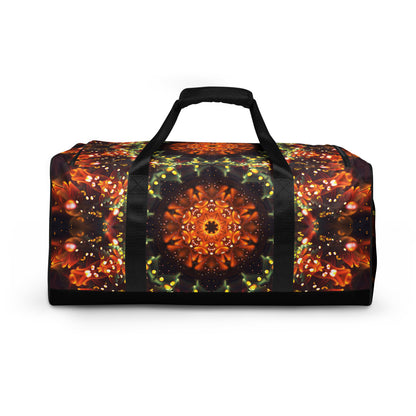 White duffle bag printed with the "Autumn Bloom" design, back view showing the smooth print panel.