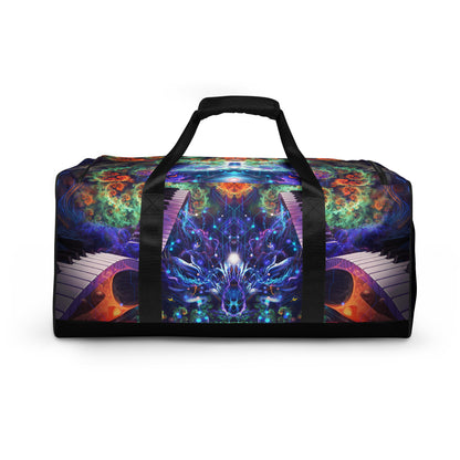 White duffle bag printed with the "Magnus Opum" design, back view showing the smooth print panel.