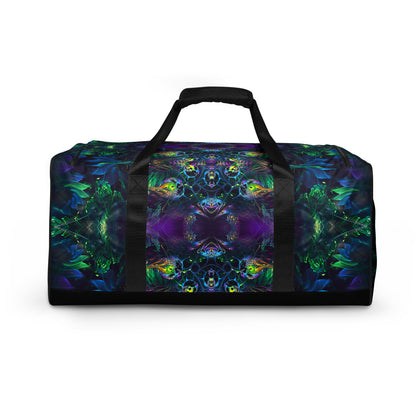 White duffle bag printed with the "Awakened" design, back view showing the smooth print panel.