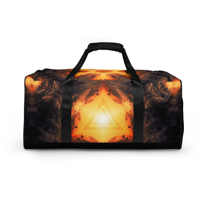 White duffle bag printed with the "Adieu" design, back view showing the smooth print panel.