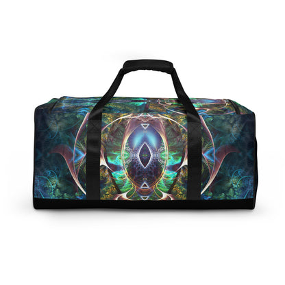 White duffle bag printed with the "Fluer de Vie" design, back view showing the smooth print panel.